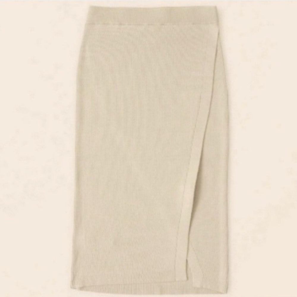 Ribbed wrap-look knit midi skirt
